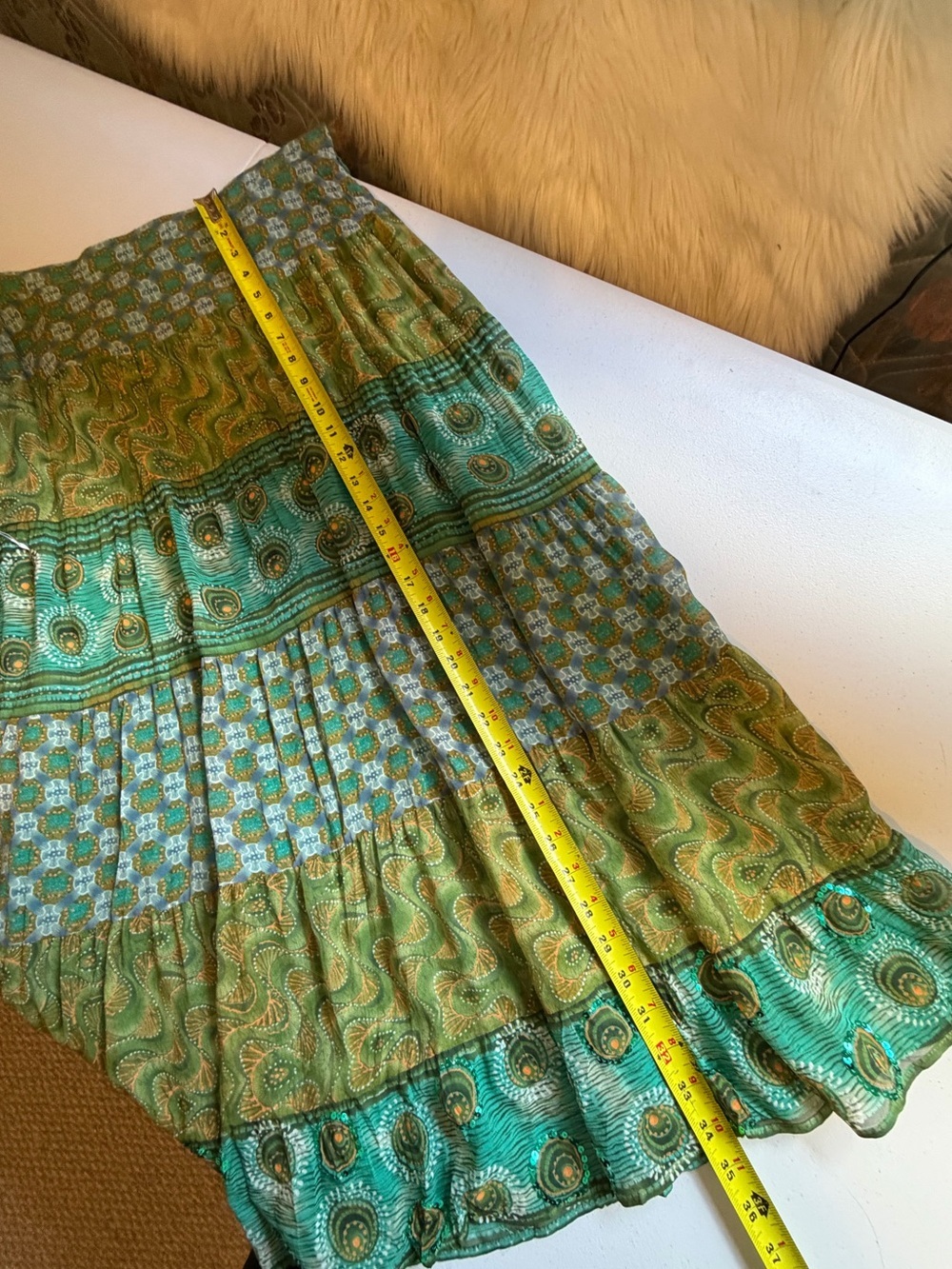 Vintage Boho Sequin Tiered Midi Maxi Skirt Size Medium Green Blue Festival Fairy - Picture 11 of 11